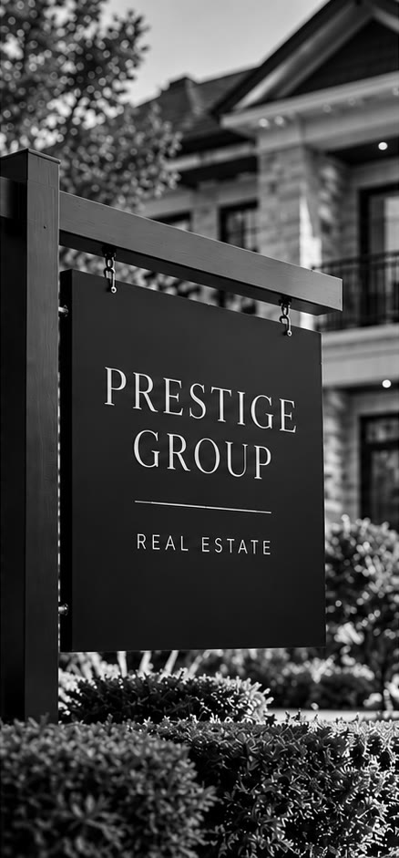A hanging sign reading Prestige Group Real Estate in front of a stone house